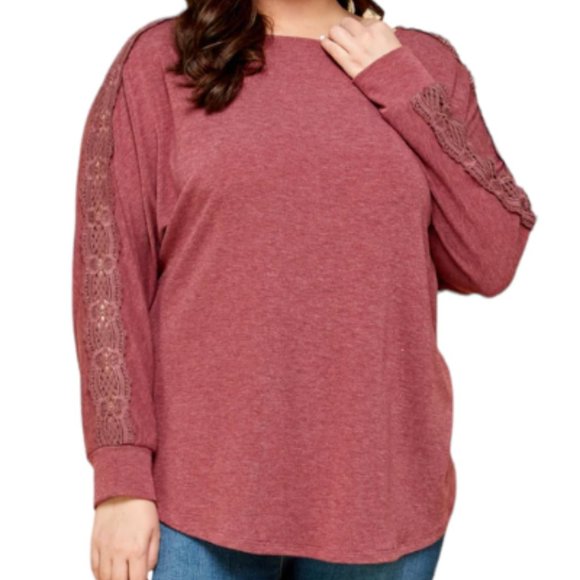 Lulu's French Terry Knit Long Sleeve Pullover Top Lace Cap Shoulder Barn Red XL - Picture 2 of 16